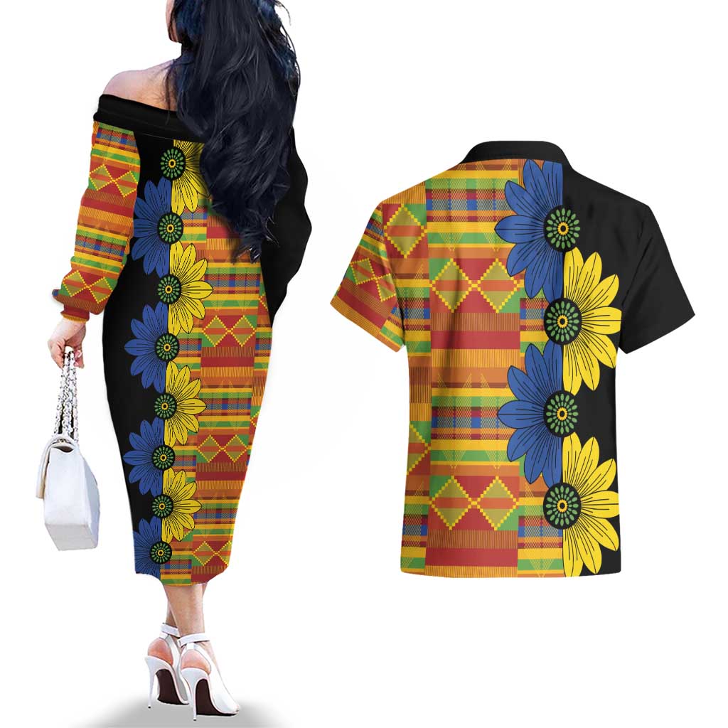 African Ethnic Kitenge Ankara Style Couples Matching Off The Shoulder Long Sleeve Dress and Hawaiian Shirt