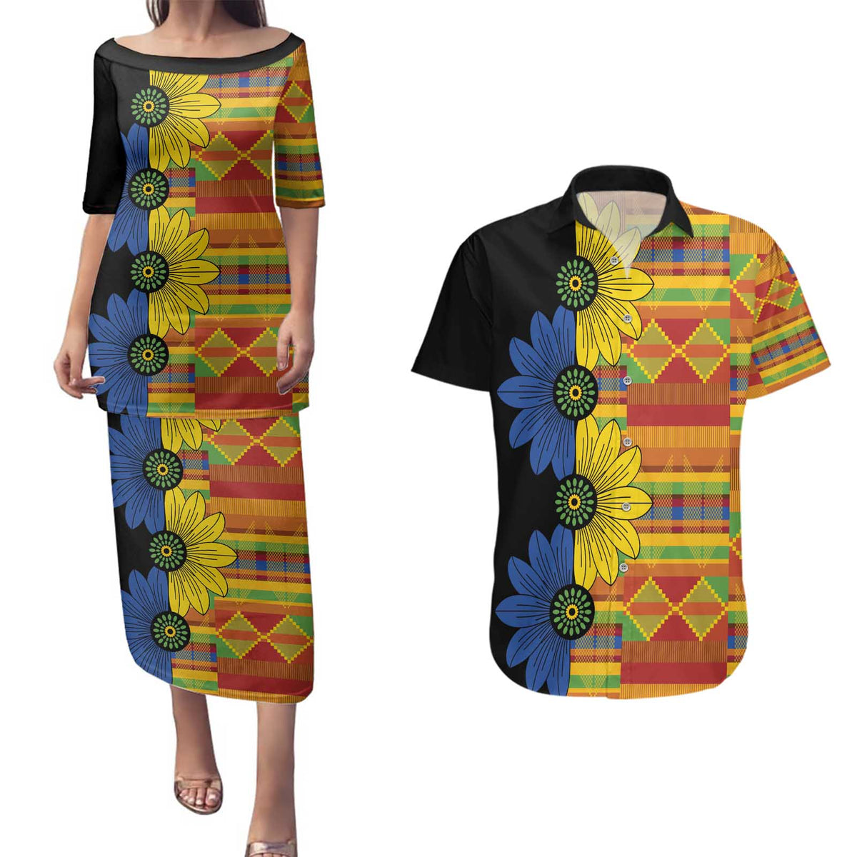African Ethnic Kitenge Ankara Style Couples Matching Puletasi and Hawaiian Shirt