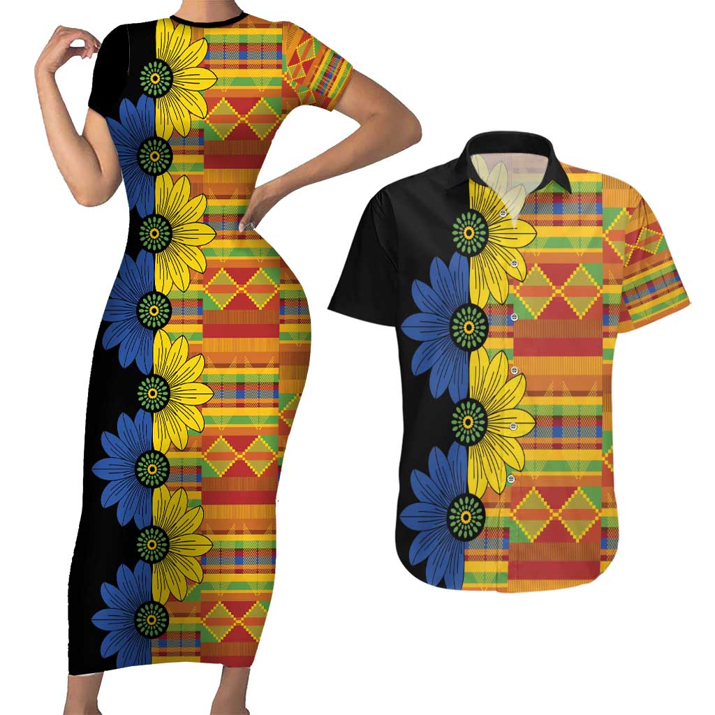 African Ethnic Kitenge Ankara Style Couples Matching Short Sleeve Bodycon Dress and Hawaiian Shirt