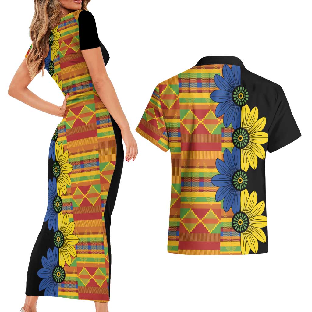 African Ethnic Kitenge Ankara Style Couples Matching Short Sleeve Bodycon Dress and Hawaiian Shirt