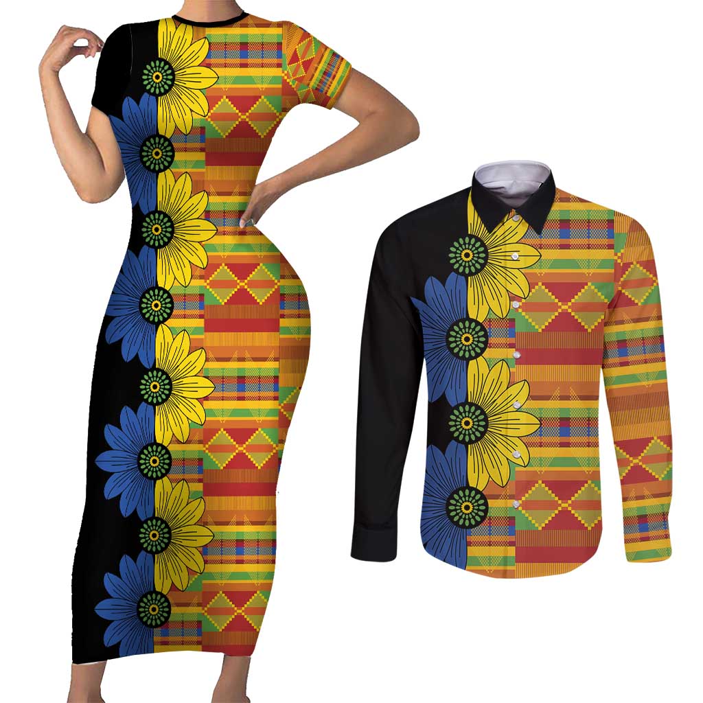African Ethnic Kitenge Ankara Style Couples Matching Short Sleeve Bodycon Dress and Long Sleeve Button Shirt