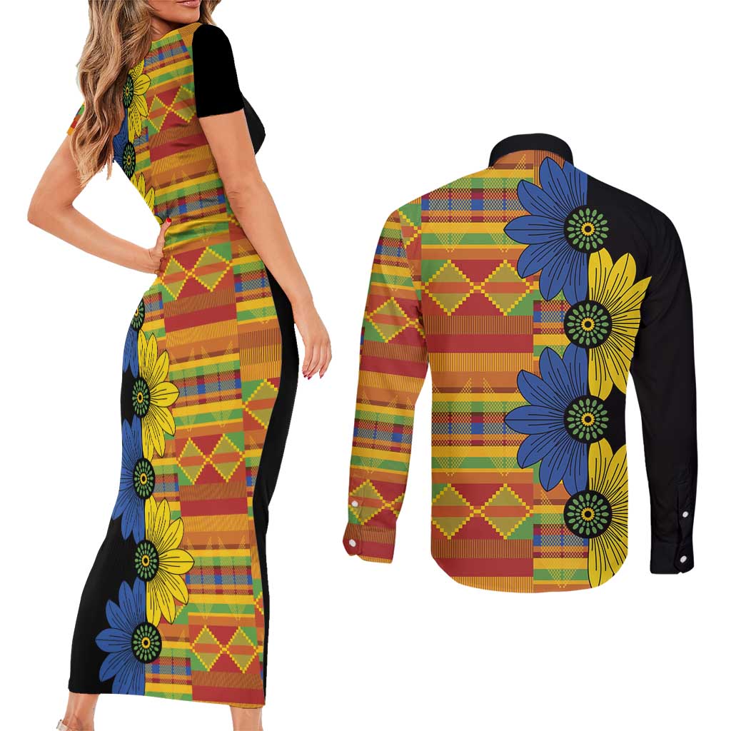 African Ethnic Kitenge Ankara Style Couples Matching Short Sleeve Bodycon Dress and Long Sleeve Button Shirt