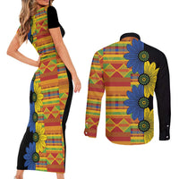 African Ethnic Kitenge Ankara Style Couples Matching Short Sleeve Bodycon Dress and Long Sleeve Button Shirt