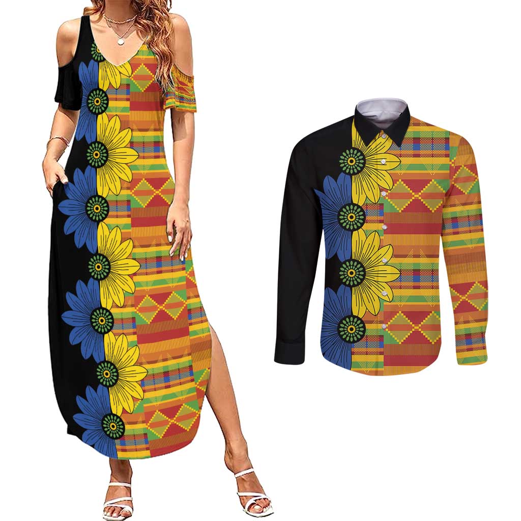 African Ethnic Kitenge Ankara Style Couples Matching Summer Maxi Dress and Long Sleeve Button Shirt