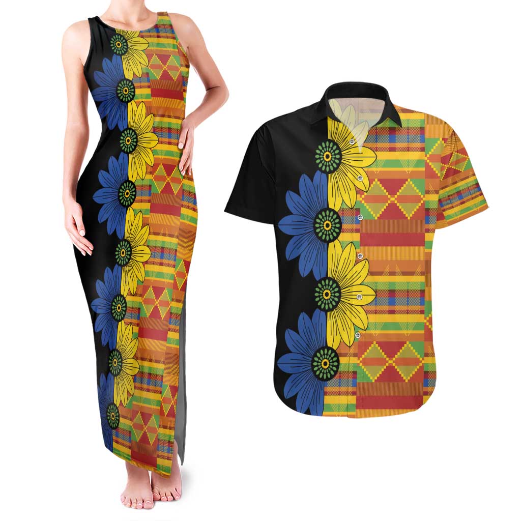 African Ethnic Kitenge Ankara Style Couples Matching Tank Maxi Dress and Hawaiian Shirt