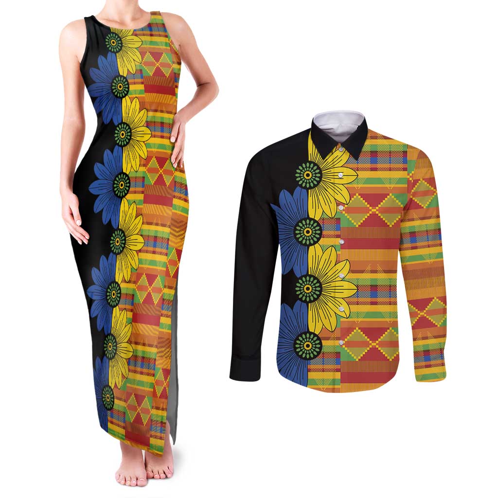 African Ethnic Kitenge Ankara Style Couples Matching Tank Maxi Dress and Long Sleeve Button Shirt
