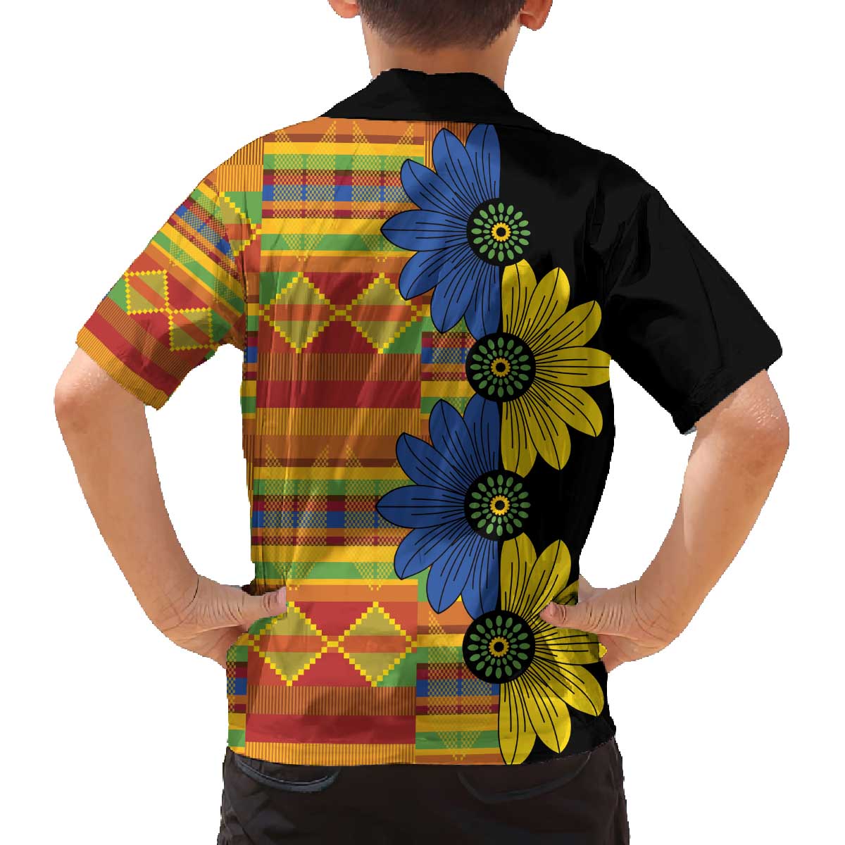 African Ethnic Kitenge Ankara Style Family Matching Off The Shoulder Long Sleeve Dress and Hawaiian Shirt