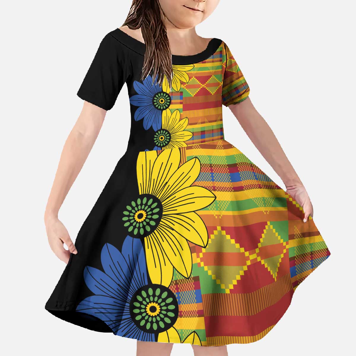 African Ethnic Kitenge Ankara Style Family Matching Off The Shoulder Long Sleeve Dress and Hawaiian Shirt
