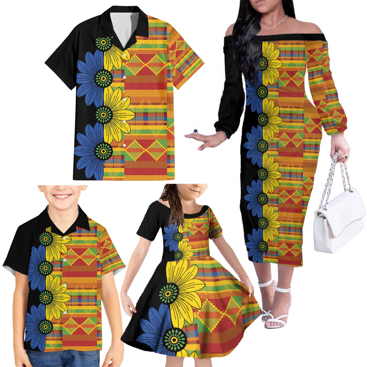 African Ethnic Kitenge Ankara Style Family Matching Off The Shoulder Long Sleeve Dress and Hawaiian Shirt