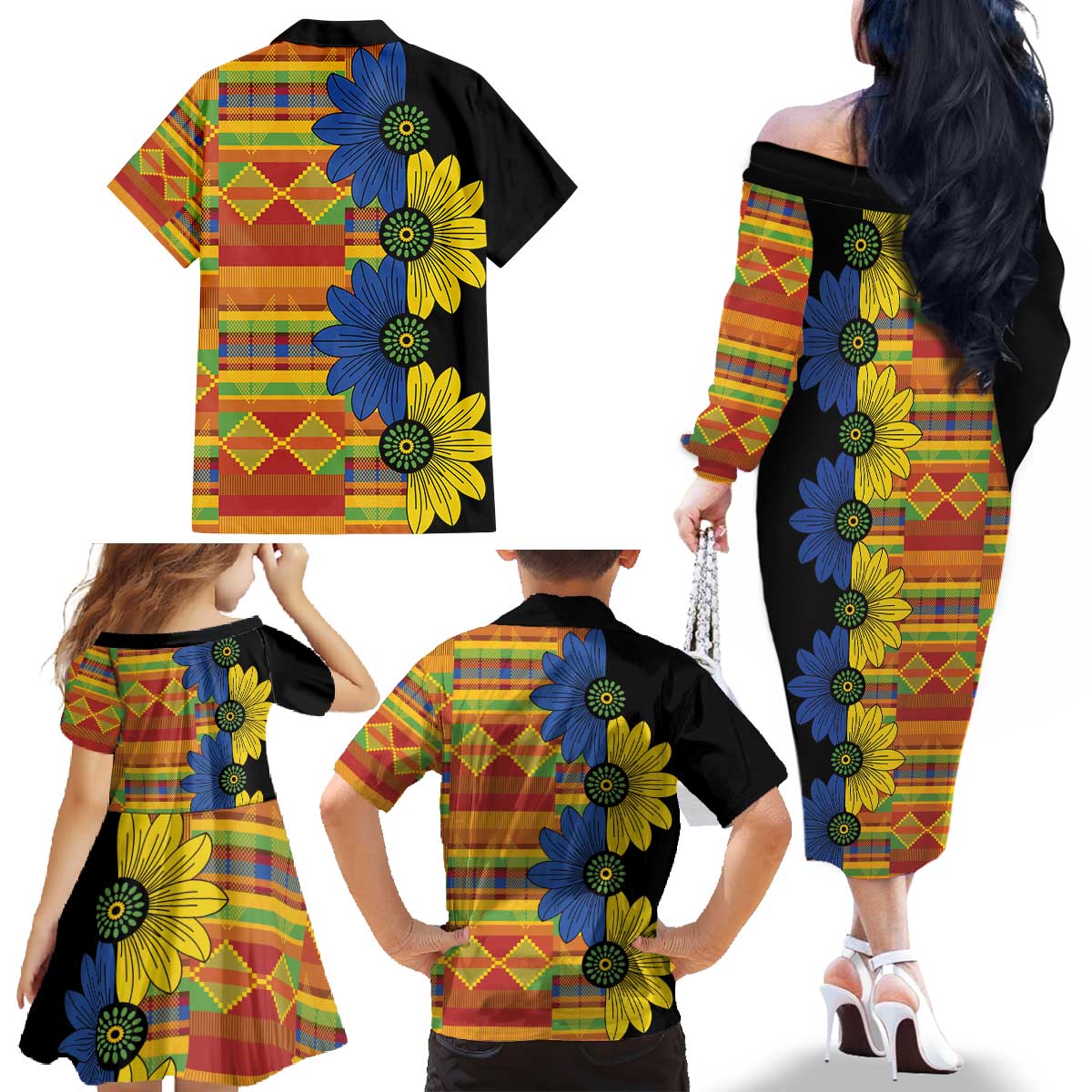 African Ethnic Kitenge Ankara Style Family Matching Off The Shoulder Long Sleeve Dress and Hawaiian Shirt