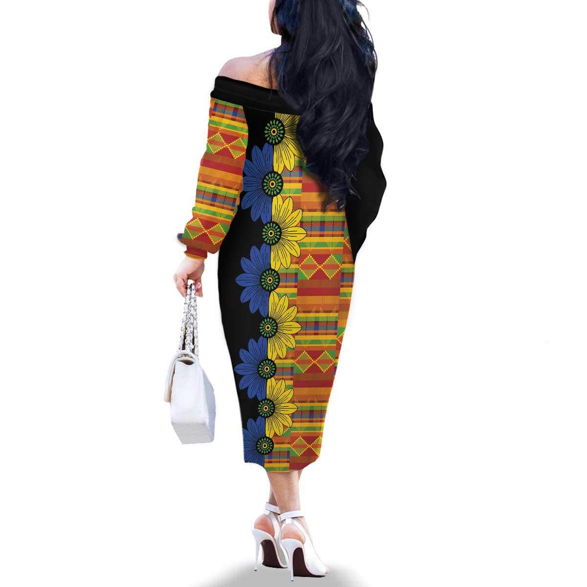 African Ethnic Kitenge Ankara Style Family Matching Off The Shoulder Long Sleeve Dress and Hawaiian Shirt
