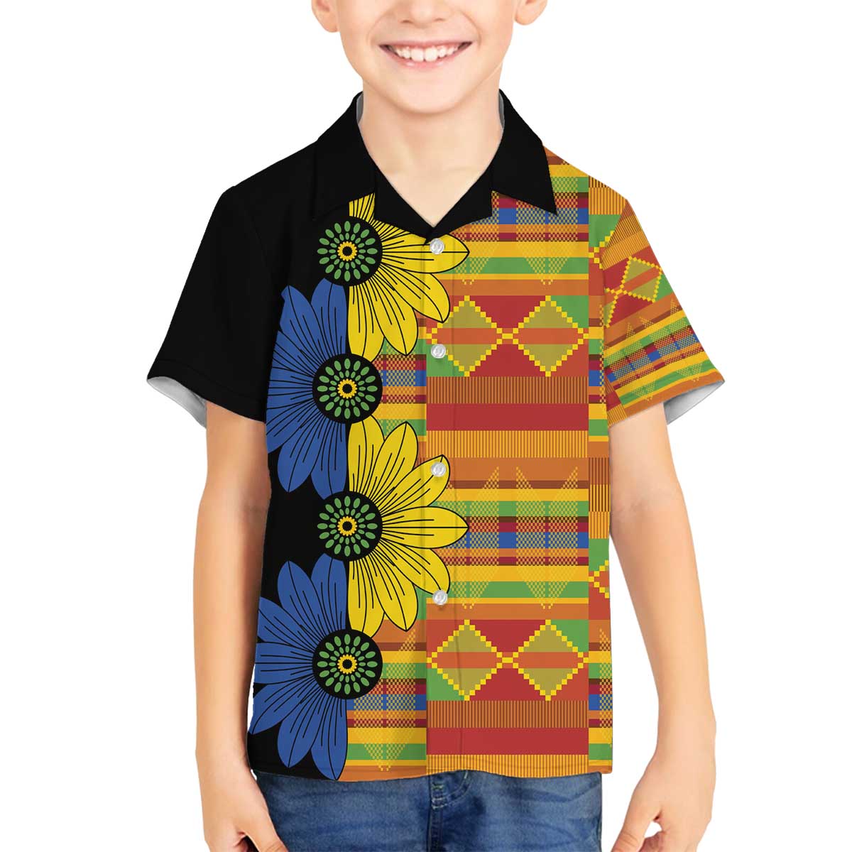 African Ethnic Kitenge Ankara Style Family Matching Off The Shoulder Long Sleeve Dress and Hawaiian Shirt