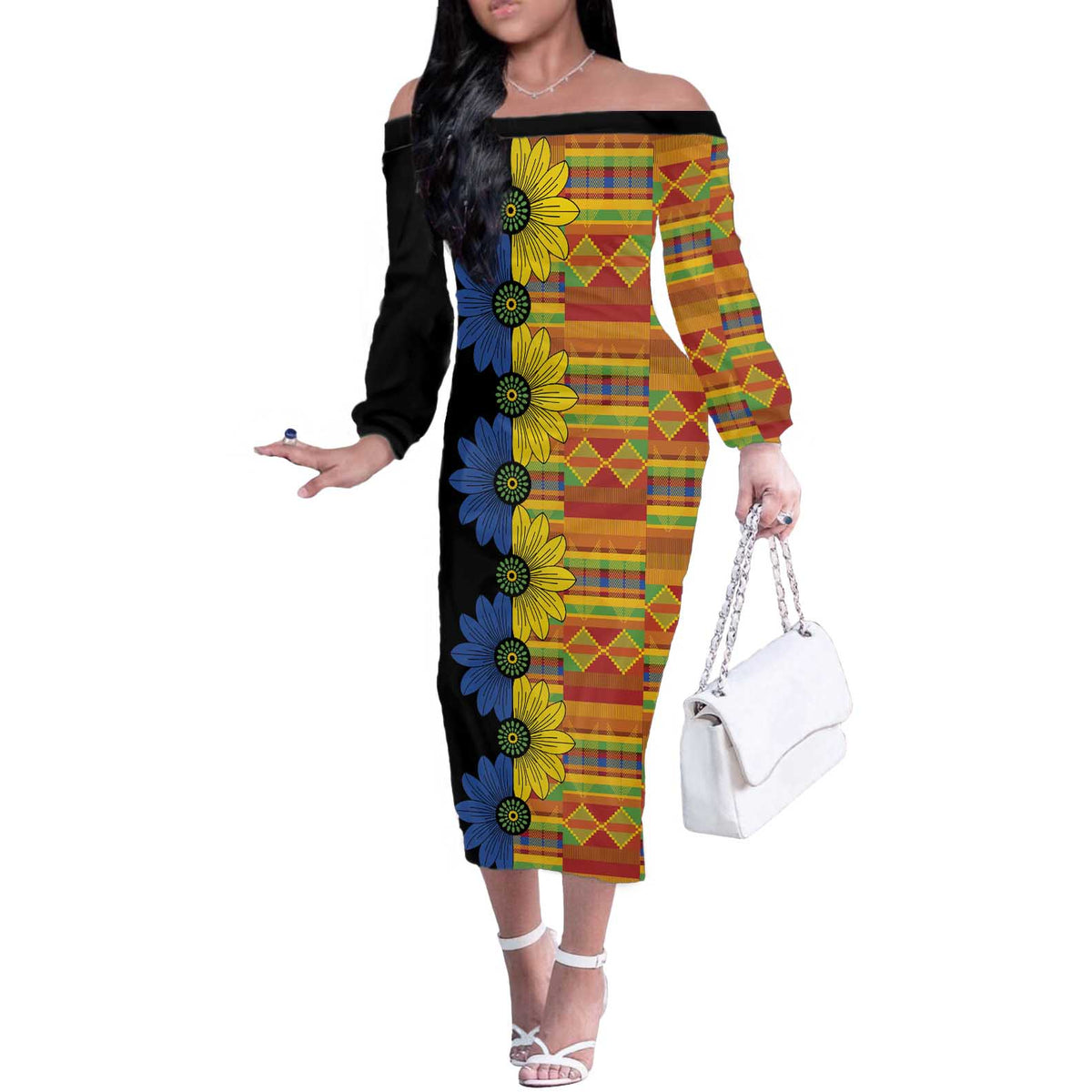 African Ethnic Kitenge Ankara Style Off The Shoulder Long Sleeve Dress - Wonder Print Shop