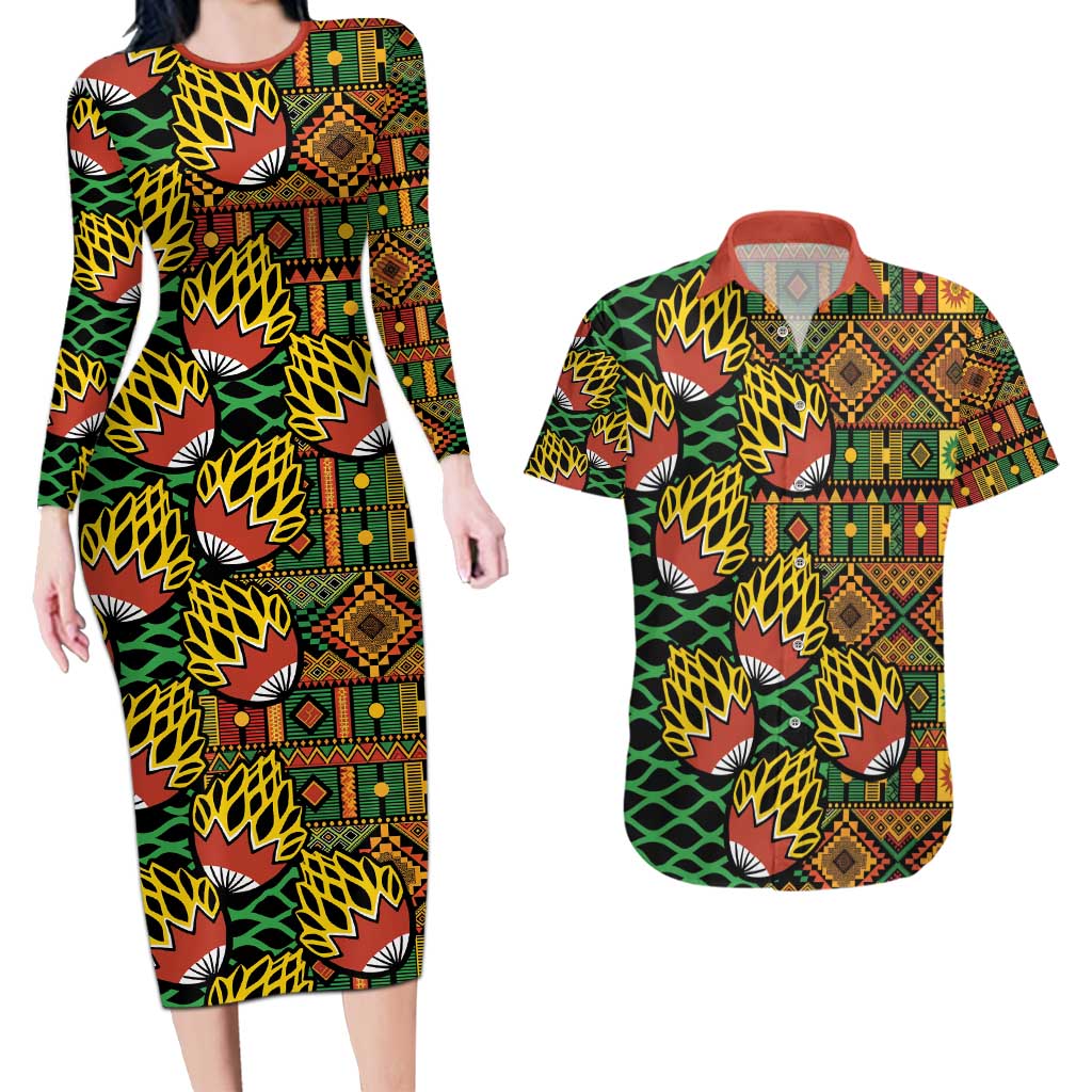 African Tribal Geometric Mixed Kanga Pattern Couples Matching Long Sleeve Bodycon Dress and Hawaiian Shirt