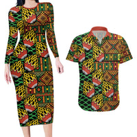 African Tribal Geometric Mixed Kanga Pattern Couples Matching Long Sleeve Bodycon Dress and Hawaiian Shirt