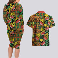 African Tribal Geometric Mixed Kanga Pattern Couples Matching Long Sleeve Bodycon Dress and Hawaiian Shirt
