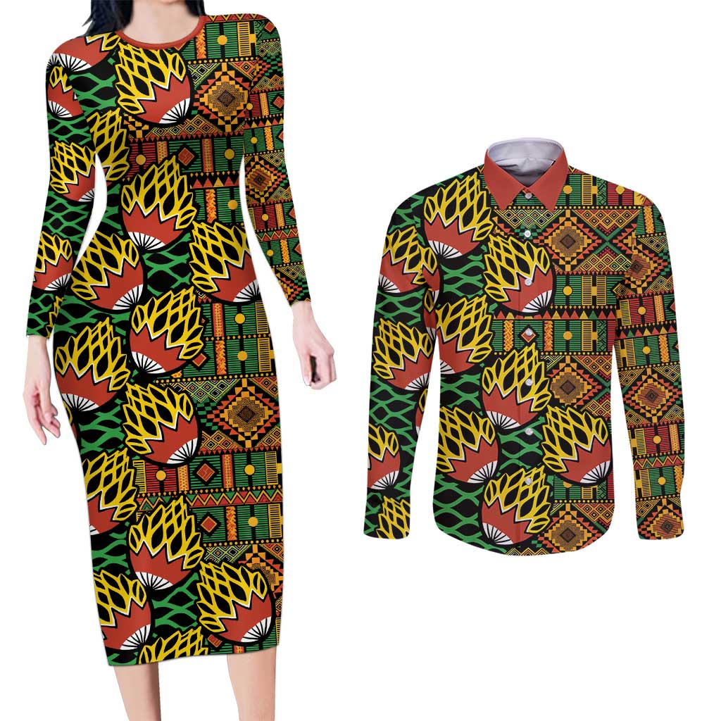 African Tribal Geometric Mixed Kanga Pattern Couples Matching Long Sleeve Bodycon Dress and Long Sleeve Button Shirt