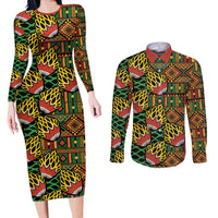 African Tribal Geometric Mixed Kanga Pattern Couples Matching Long Sleeve Bodycon Dress and Long Sleeve Button Shirt