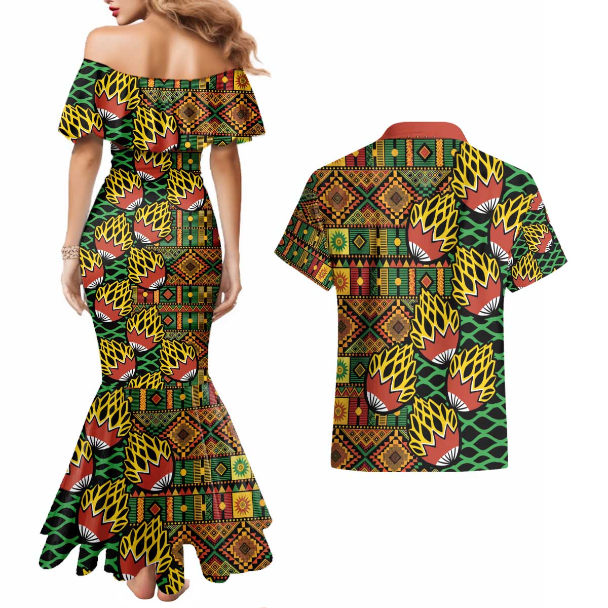 African Tribal Geometric Mixed Kanga Pattern Couples Matching Mermaid Dress and Hawaiian Shirt