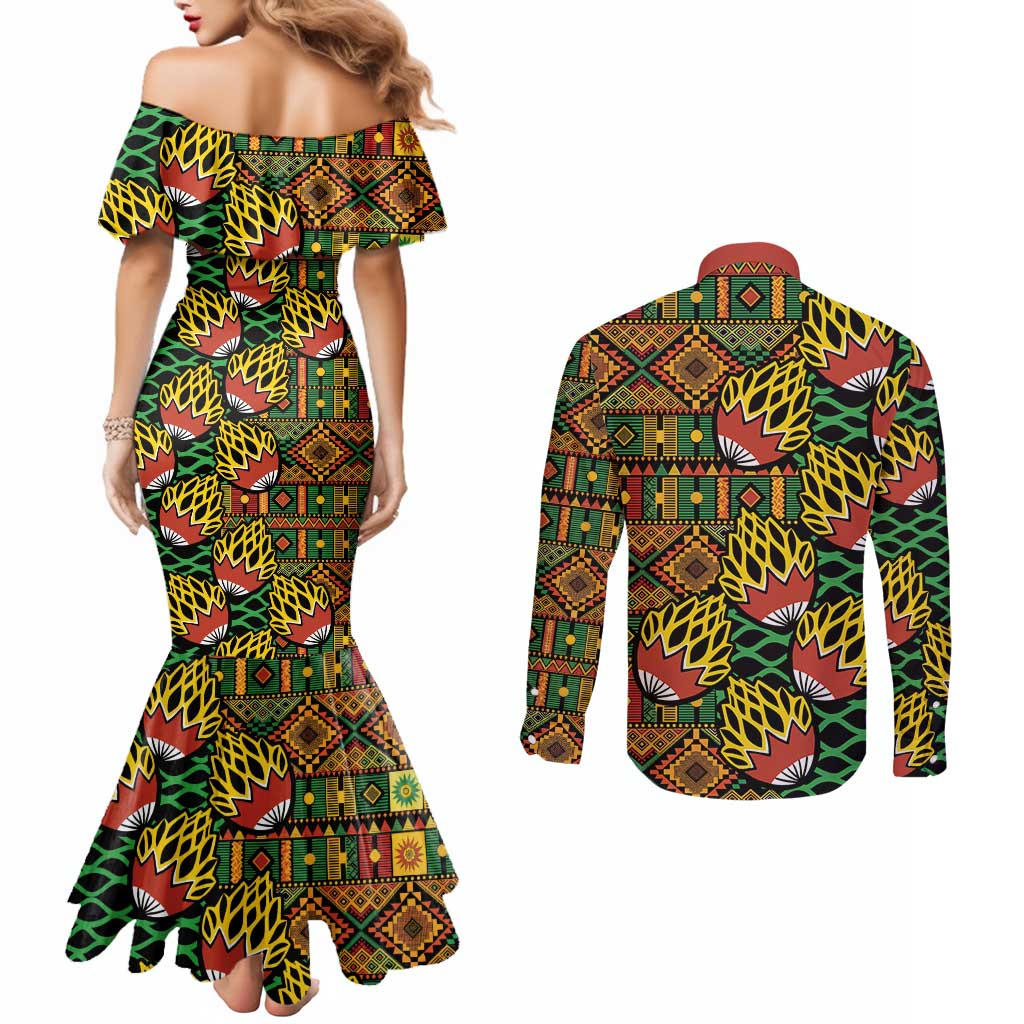 African Tribal Geometric Mixed Kanga Pattern Couples Matching Mermaid Dress and Long Sleeve Button Shirt