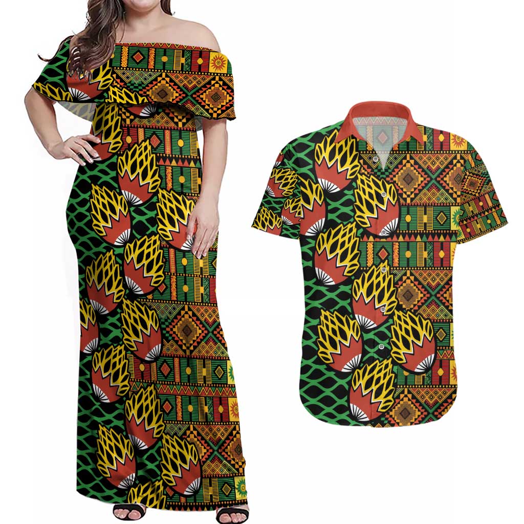 African Tribal Geometric Mixed Kanga Pattern Couples Matching Off Shoulder Maxi Dress and Hawaiian Shirt