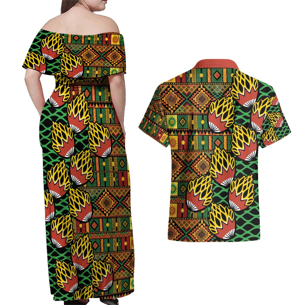 African Tribal Geometric Mixed Kanga Pattern Couples Matching Off Shoulder Maxi Dress and Hawaiian Shirt