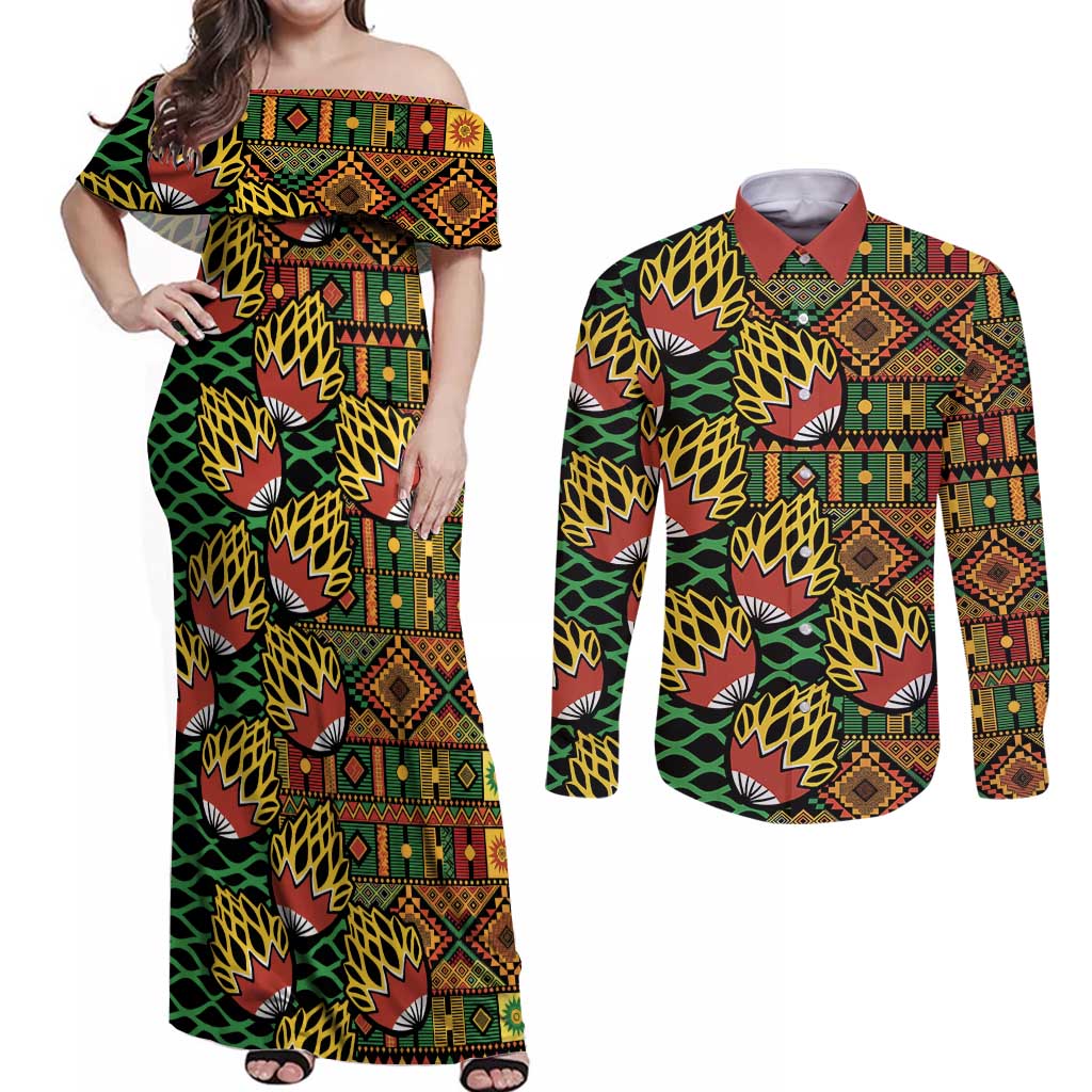 African Tribal Geometric Mixed Kanga Pattern Couples Matching Off Shoulder Maxi Dress and Long Sleeve Button Shirt