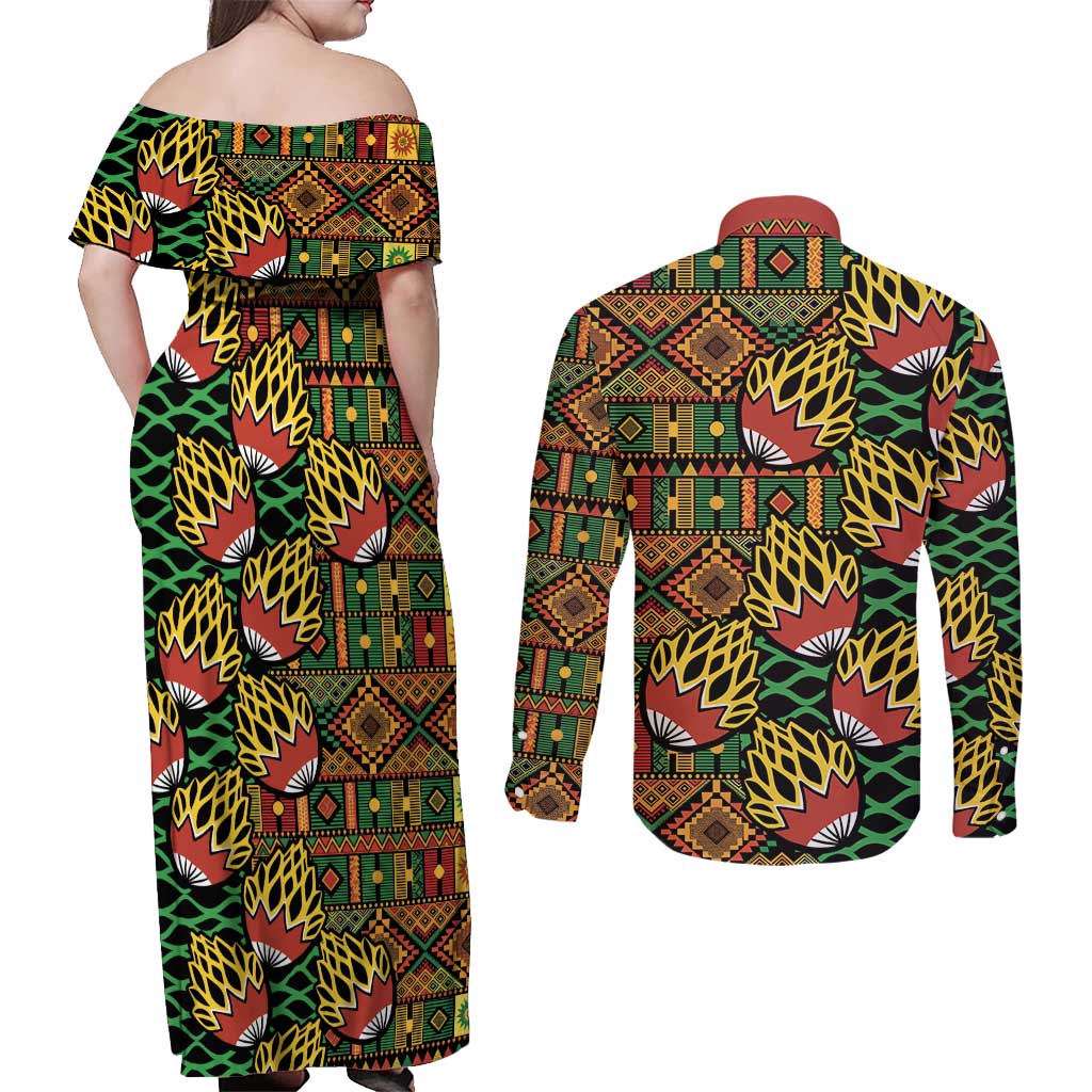 African Tribal Geometric Mixed Kanga Pattern Couples Matching Off Shoulder Maxi Dress and Long Sleeve Button Shirt