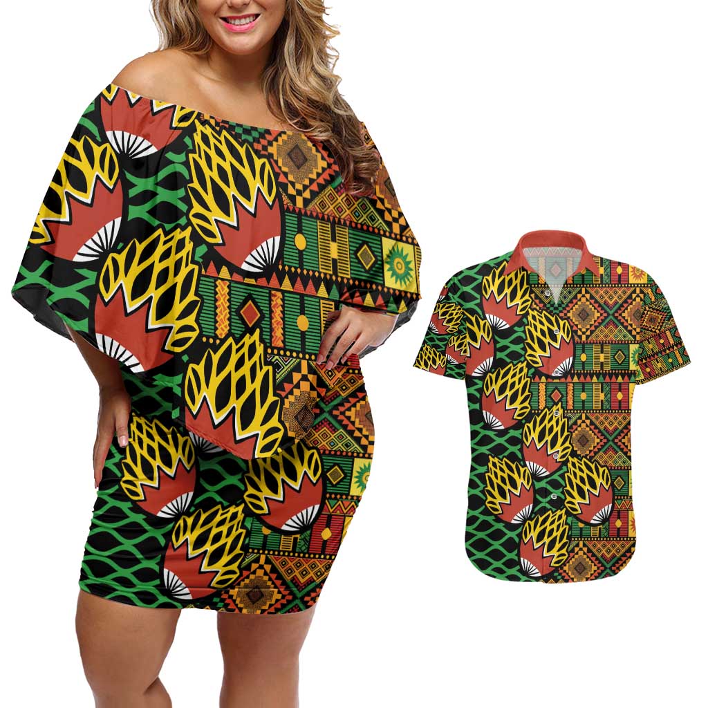 African Tribal Geometric Mixed Kanga Pattern Couples Matching Off Shoulder Short Dress and Hawaiian Shirt