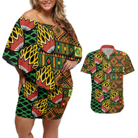 African Tribal Geometric Mixed Kanga Pattern Couples Matching Off Shoulder Short Dress and Hawaiian Shirt
