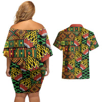 African Tribal Geometric Mixed Kanga Pattern Couples Matching Off Shoulder Short Dress and Hawaiian Shirt