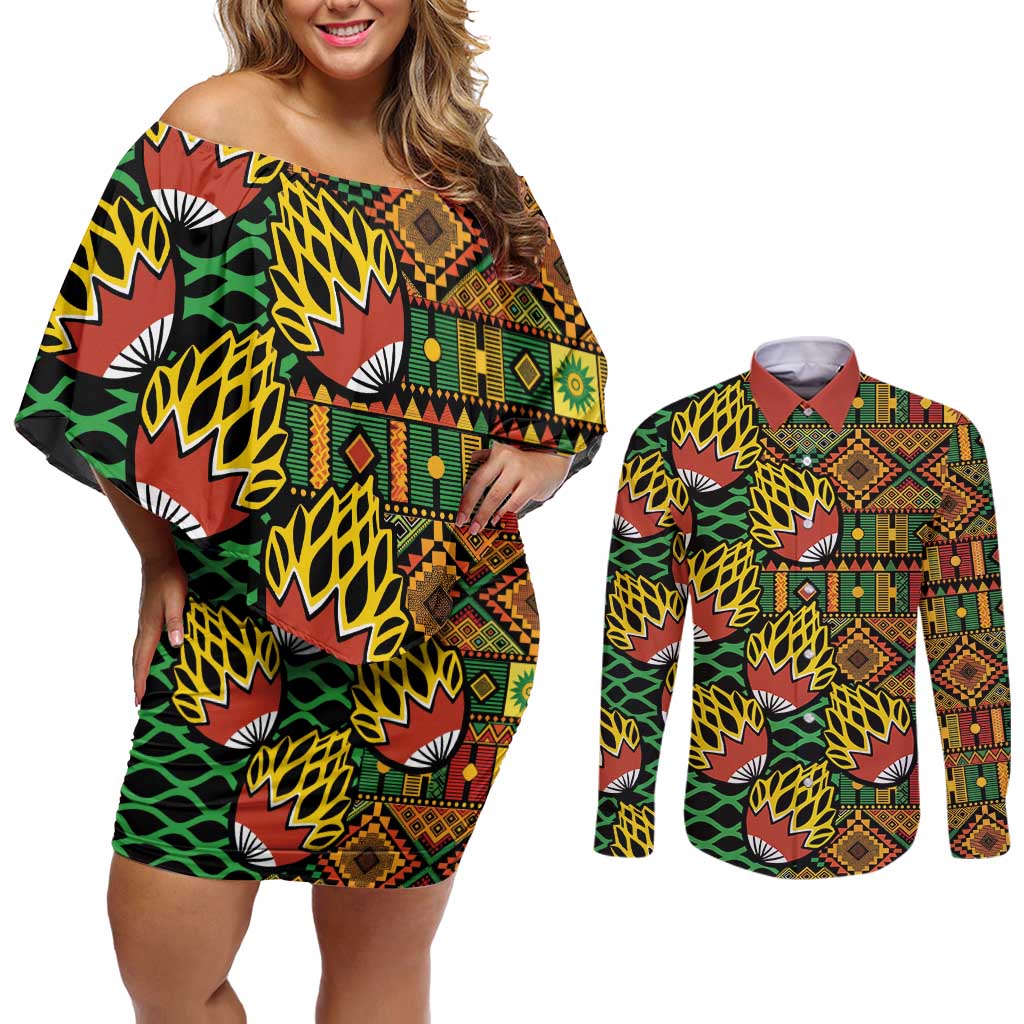 African Tribal Geometric Mixed Kanga Pattern Couples Matching Off Shoulder Short Dress and Long Sleeve Button Shirt