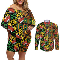 African Tribal Geometric Mixed Kanga Pattern Couples Matching Off Shoulder Short Dress and Long Sleeve Button Shirt