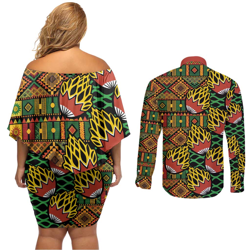 African Tribal Geometric Mixed Kanga Pattern Couples Matching Off Shoulder Short Dress and Long Sleeve Button Shirt