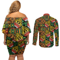 African Tribal Geometric Mixed Kanga Pattern Couples Matching Off Shoulder Short Dress and Long Sleeve Button Shirt