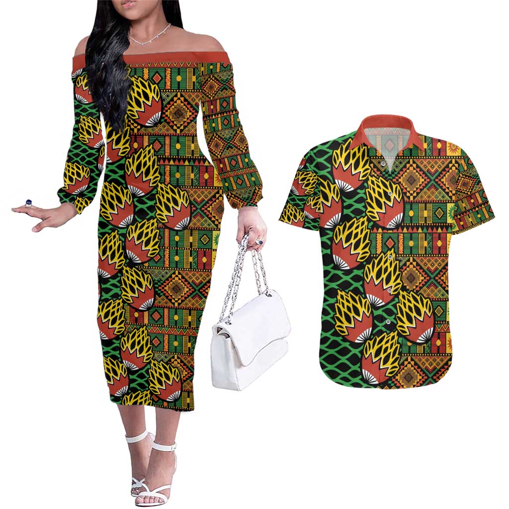 African Tribal Geometric Mixed Kanga Pattern Couples Matching Off The Shoulder Long Sleeve Dress and Hawaiian Shirt