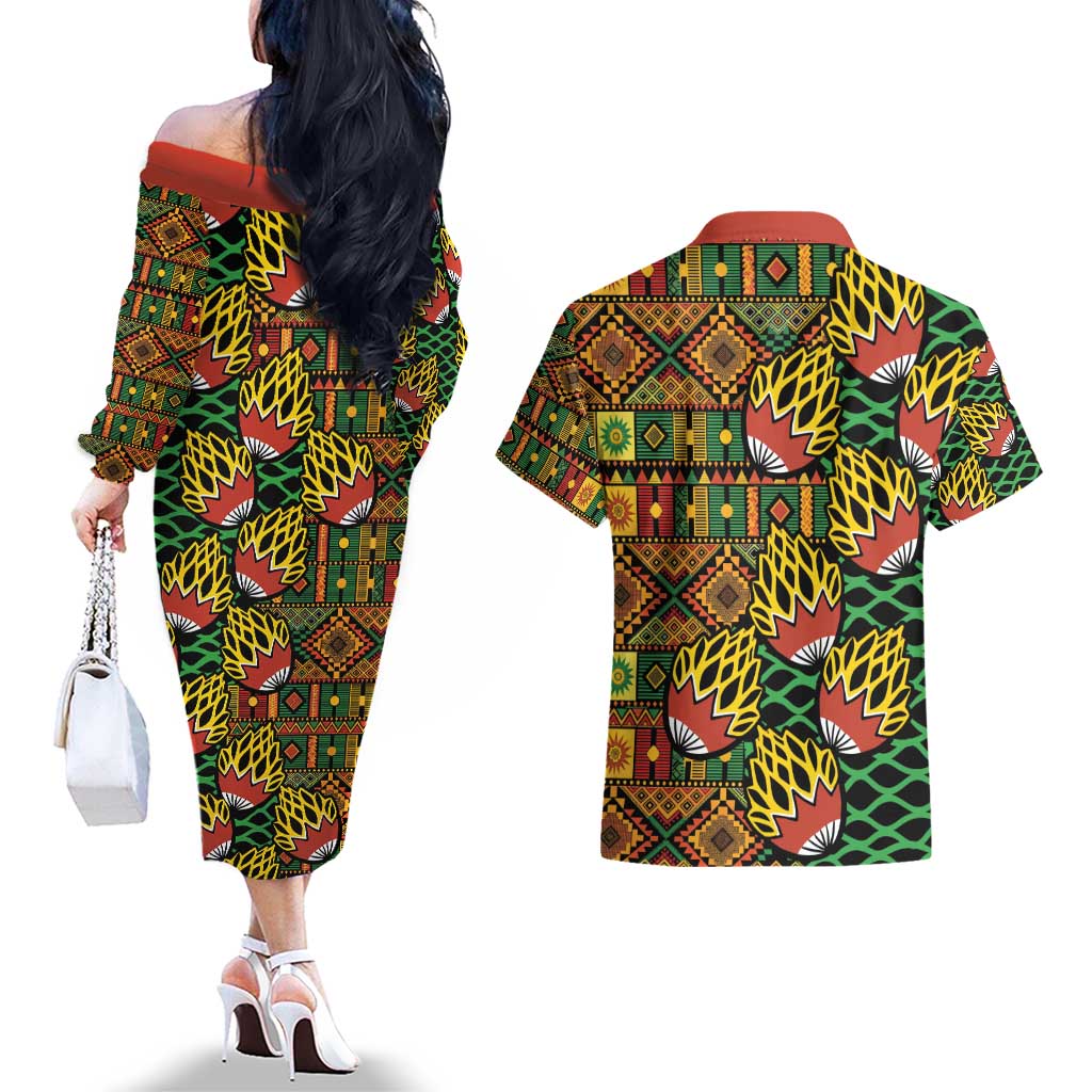 African Tribal Geometric Mixed Kanga Pattern Couples Matching Off The Shoulder Long Sleeve Dress and Hawaiian Shirt