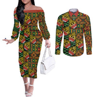 African Tribal Geometric Mixed Kanga Pattern Couples Matching Off The Shoulder Long Sleeve Dress and Long Sleeve Button Shirt