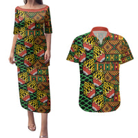 African Tribal Geometric Mixed Kanga Pattern Couples Matching Puletasi and Hawaiian Shirt