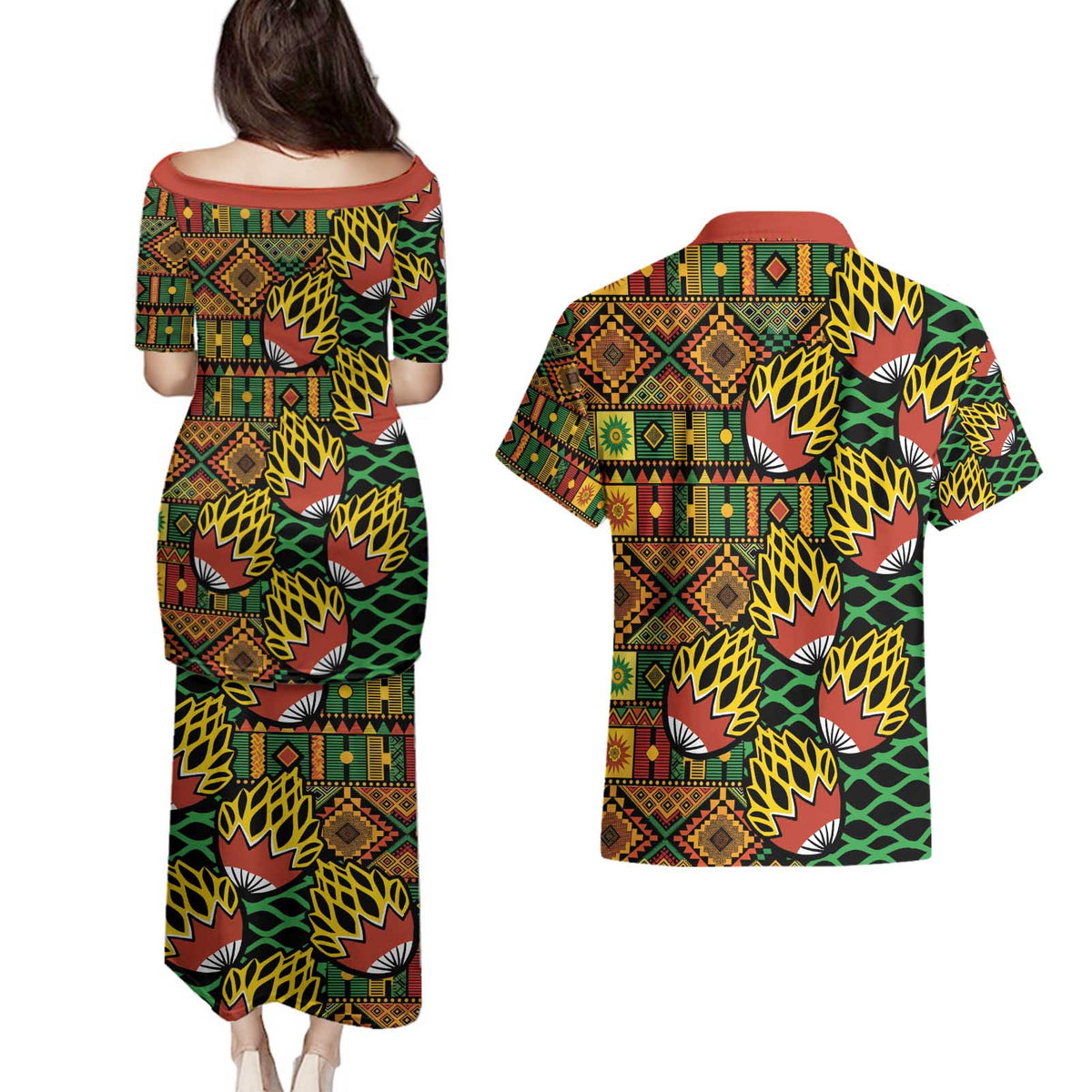 African Tribal Geometric Mixed Kanga Pattern Couples Matching Puletasi and Hawaiian Shirt
