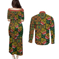 African Tribal Geometric Mixed Kanga Pattern Couples Matching Puletasi and Long Sleeve Button Shirt