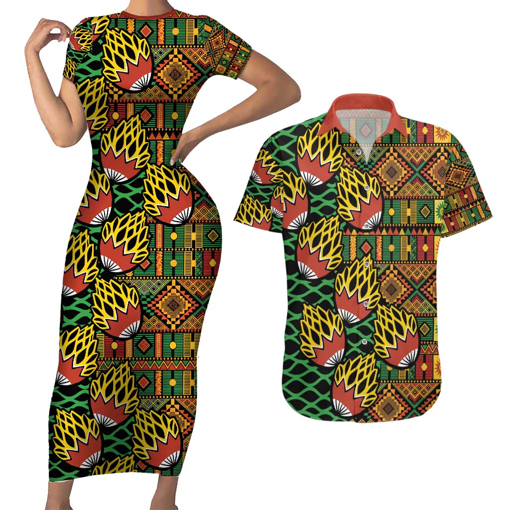 African Tribal Geometric Mixed Kanga Pattern Couples Matching Short Sleeve Bodycon Dress and Hawaiian Shirt