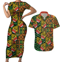African Tribal Geometric Mixed Kanga Pattern Couples Matching Short Sleeve Bodycon Dress and Hawaiian Shirt