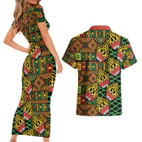 African Tribal Geometric Mixed Kanga Pattern Couples Matching Short Sleeve Bodycon Dress and Hawaiian Shirt