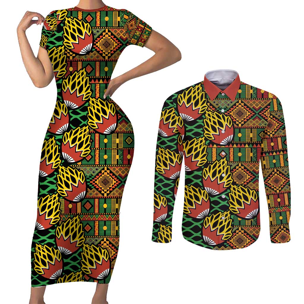 African Tribal Geometric Mixed Kanga Pattern Couples Matching Short Sleeve Bodycon Dress and Long Sleeve Button Shirt