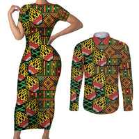 African Tribal Geometric Mixed Kanga Pattern Couples Matching Short Sleeve Bodycon Dress and Long Sleeve Button Shirt