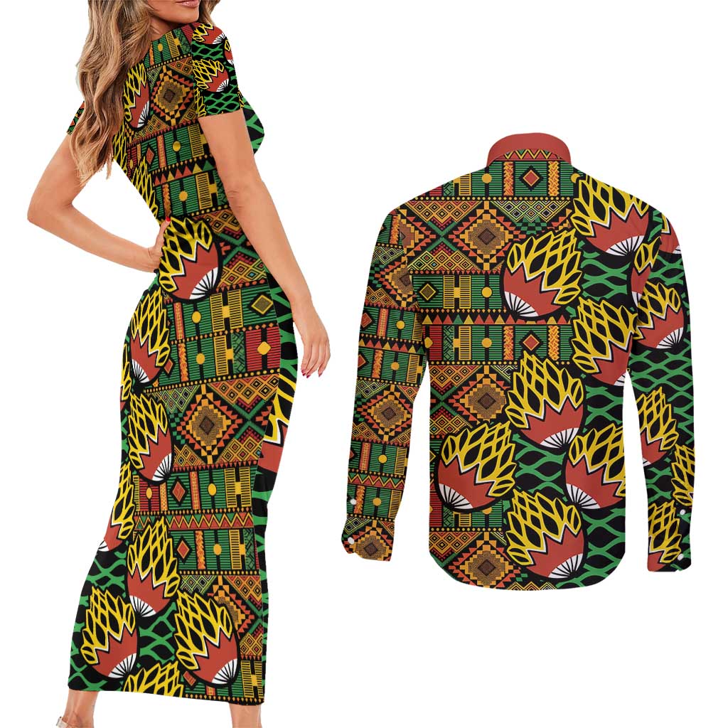 African Tribal Geometric Mixed Kanga Pattern Couples Matching Short Sleeve Bodycon Dress and Long Sleeve Button Shirt