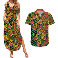 African Tribal Geometric Mixed Kanga Pattern Couples Matching Summer Maxi Dress and Hawaiian Shirt