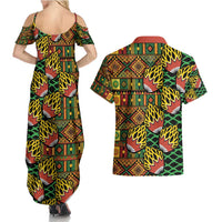 African Tribal Geometric Mixed Kanga Pattern Couples Matching Summer Maxi Dress and Hawaiian Shirt
