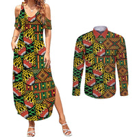 African Tribal Geometric Mixed Kanga Pattern Couples Matching Summer Maxi Dress and Long Sleeve Button Shirt